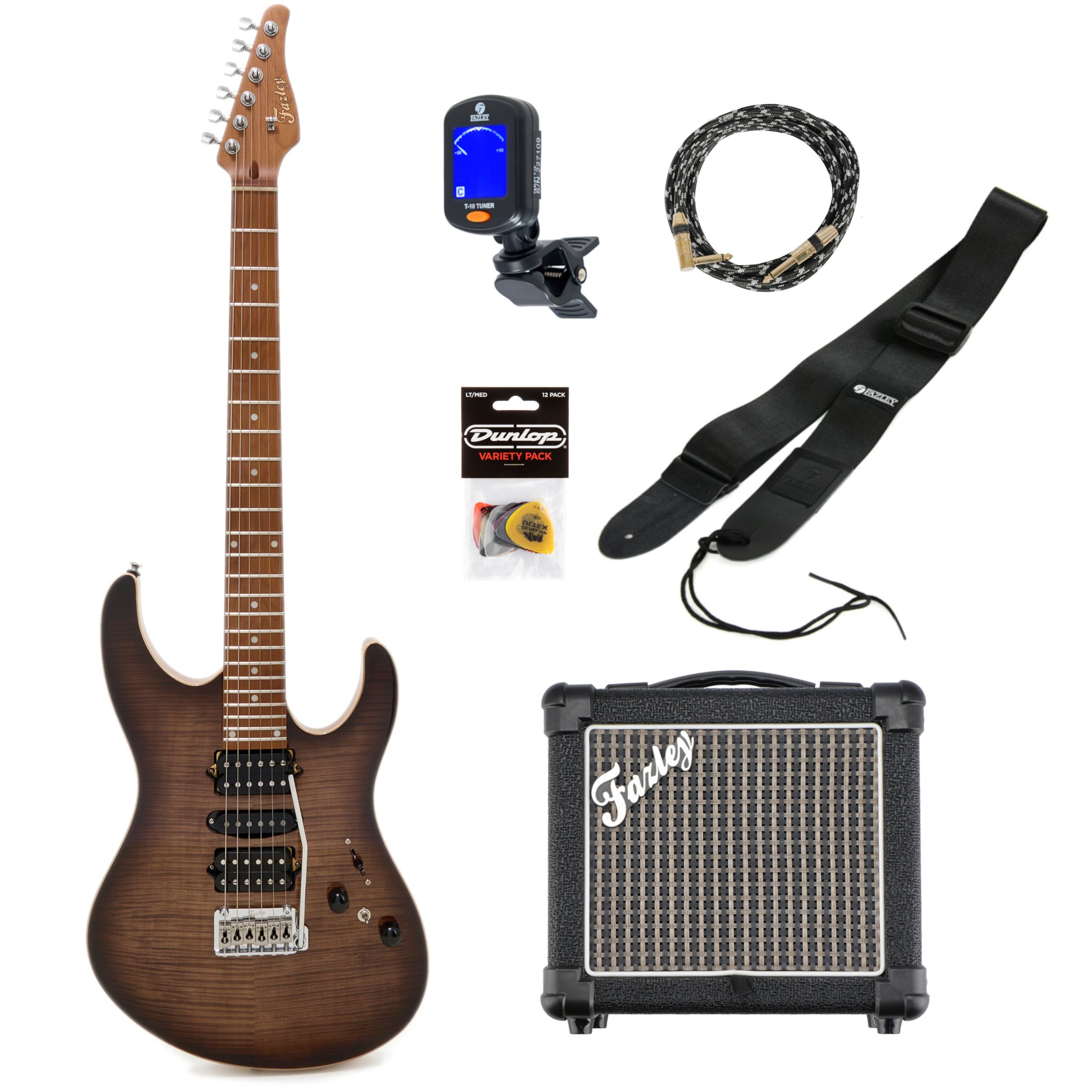 Fazley Modern Series Evara HSH Caramel Black Burst elektrische gitaar starterset