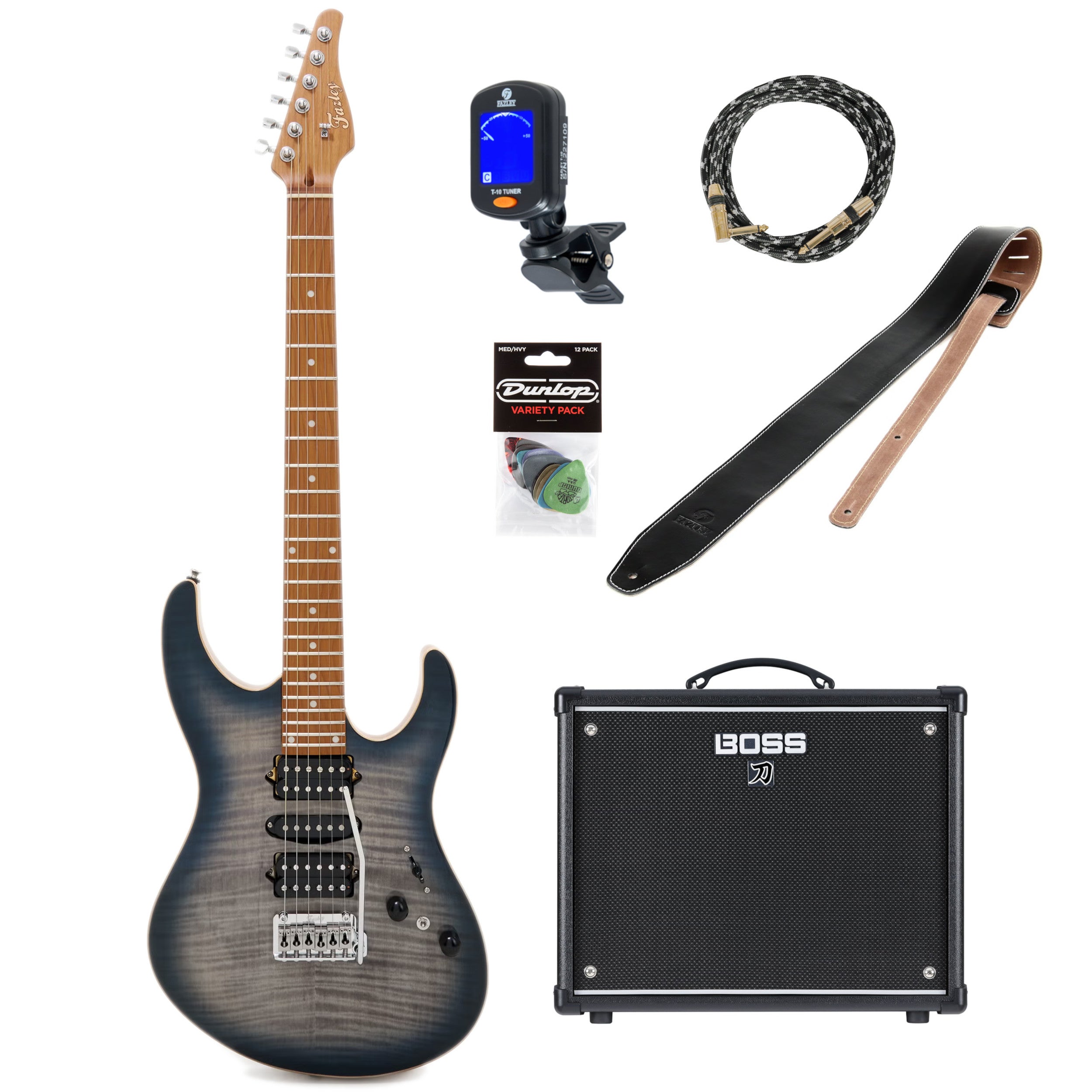 Fazley Modern Series Evara HSH Denim Blue Burst elektrische gitaar starterset met modeling combo