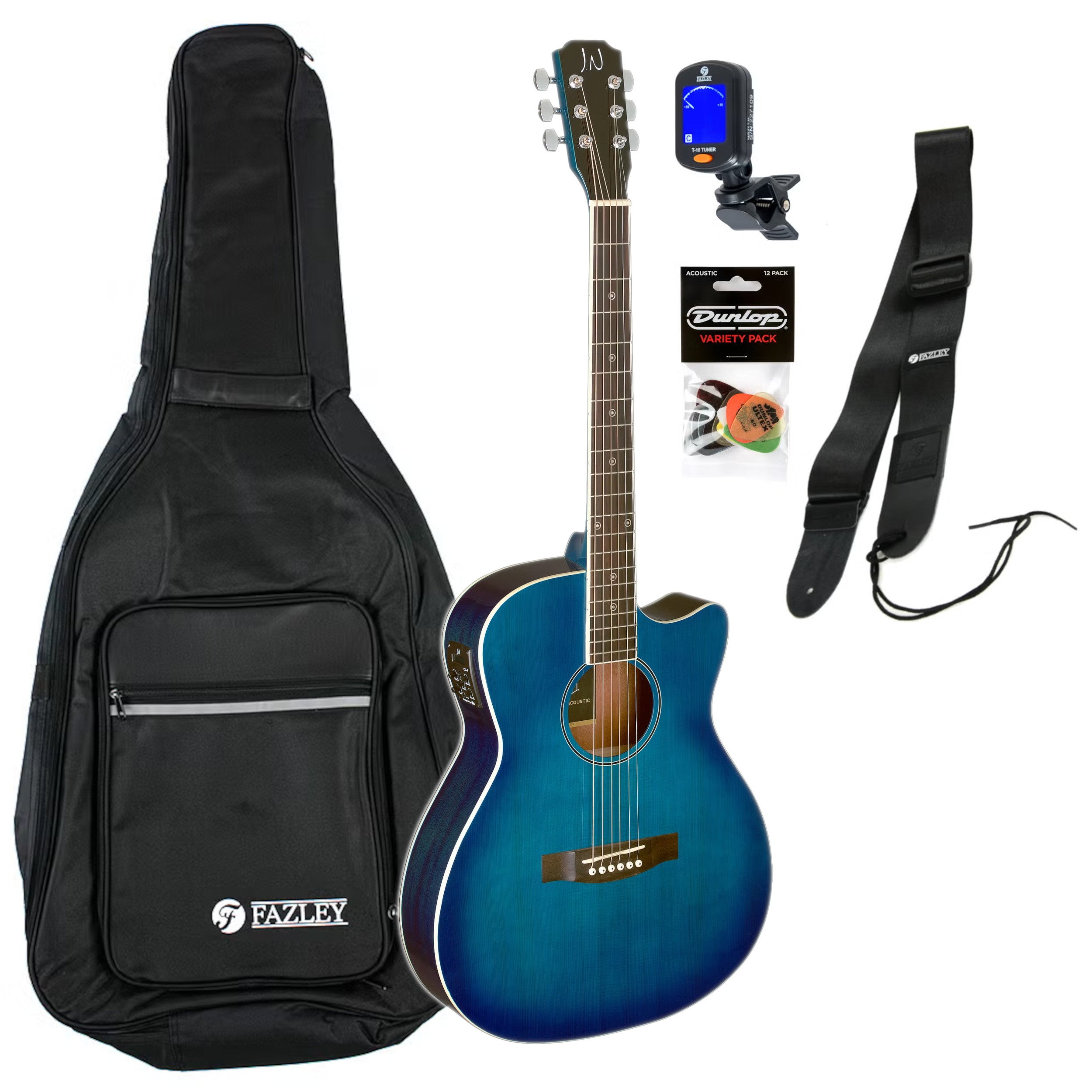 J.N Guitars Bessie BES-ACE Transparent Blue Burst elektrisch-akoestische westerngitaar starterset