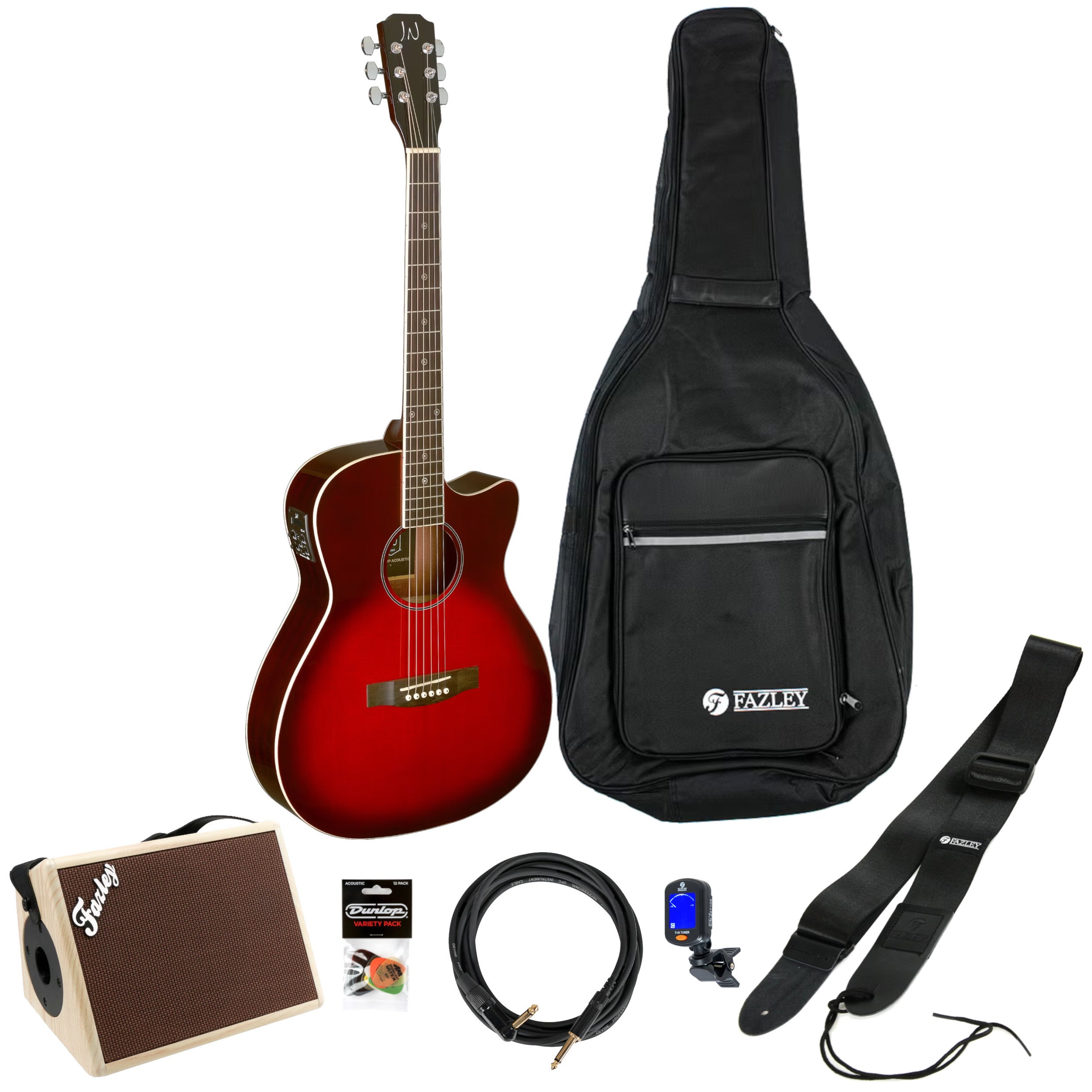 J.N Guitars Bessie BES-ACE Transparent Red Burst E/A westerngitaar starterset met versterker